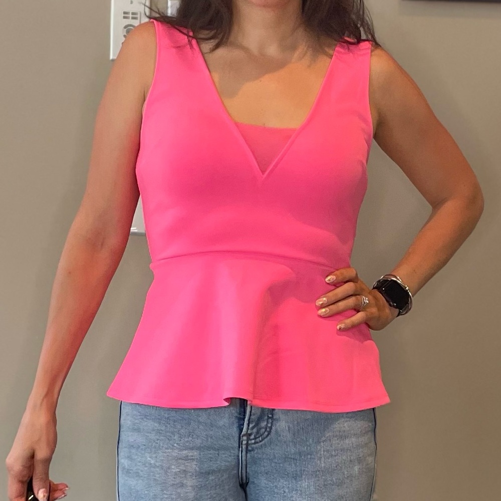 Express Neon Pink Peplum Tank Top Mesh V-Neck Back Zip Small